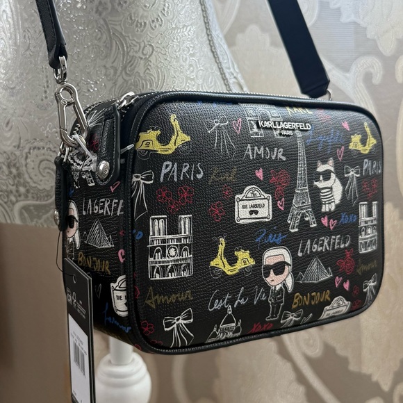 Karl Lagerfeld Black Multicolor Paris Print Maybelle Crossbody Bag NWT - Picture 9 of 11